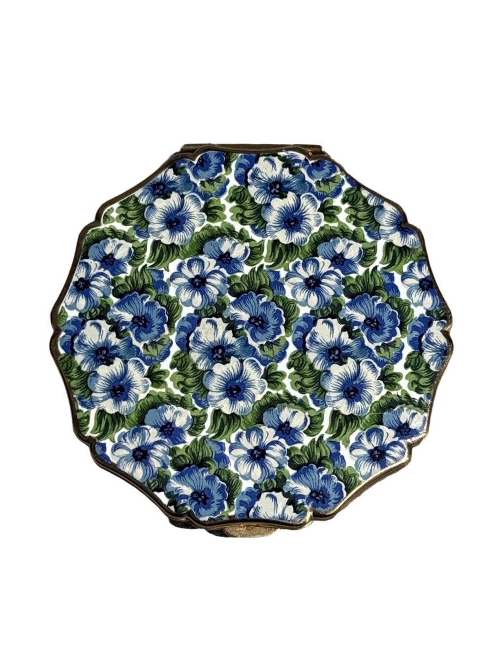 Vintage Mid Century Stratton Compact Blue Floral Scalloped Edge